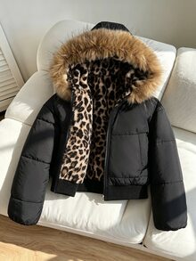SHEIN 女童加厚保暖內裡黑色連帽外套，腰部拉鍊設計，純色毛領，時尚街頭風，適合戶外活動與日常穿著，長袖冬季外套，酷 Y2K 風格，百搭日常經典，冬季 - 黑色 - 查看 1