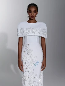 Elitara 優雅白色亮片刺繡拼接針織兩件式圓領長款晚宴婚紗禮服 - 白色 - 查看 2