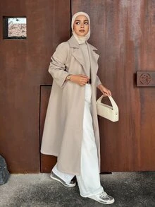 DAZY معطف طويل فضفاض بلون الجمل للخريف/الشتاء، أنيق بسيط وراقي للتنقل اليومي للنساء من الصوف - لون مشمشي - مشاهدة 6