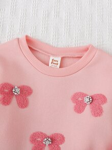 Cozy Pixies 女嬰針織純色蝴蝶結毛巾刺繡串珠圓領套頭抓絨運動衫 - 粉色 - 查看 6