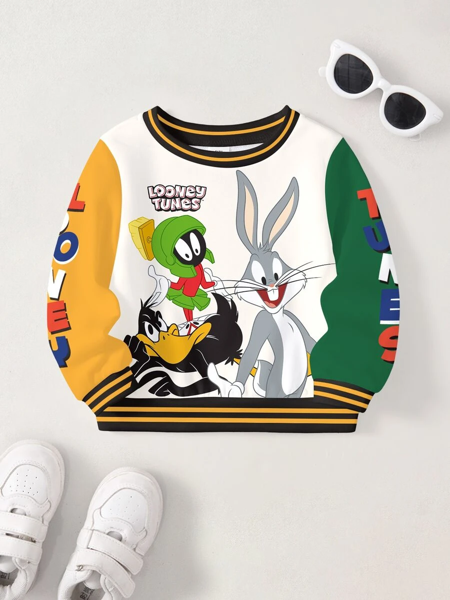 LOONEY TUNES X SHEIN 男嬰條紋字母印花圓領長袖休閒運動衫 - 白色 - 查看 1