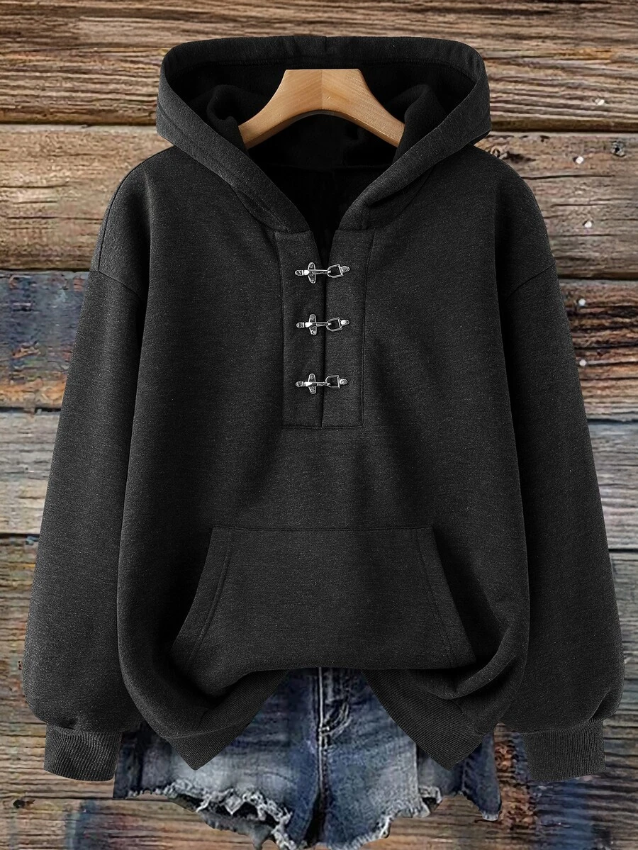 Linhara CURVE Plus Size Women's Casual Loose Hooded Sweatshirt With Lobster Clasp, Autumn/Winter Design Street Style - Dark Grey - View 1