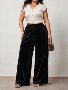 Hourglow Plus Size Anti-Wrinkle Satin Valentine's Day Straight Leg Loose Fit Pants - Black - View 3