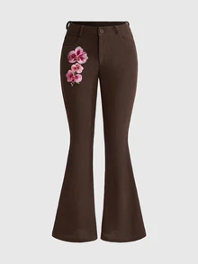 ROMWE Women's Autumn/Winter Mori Style Hippie Floral Embroidered Low Waist Corduroy Flare Pants - Coffee Brown - View 1