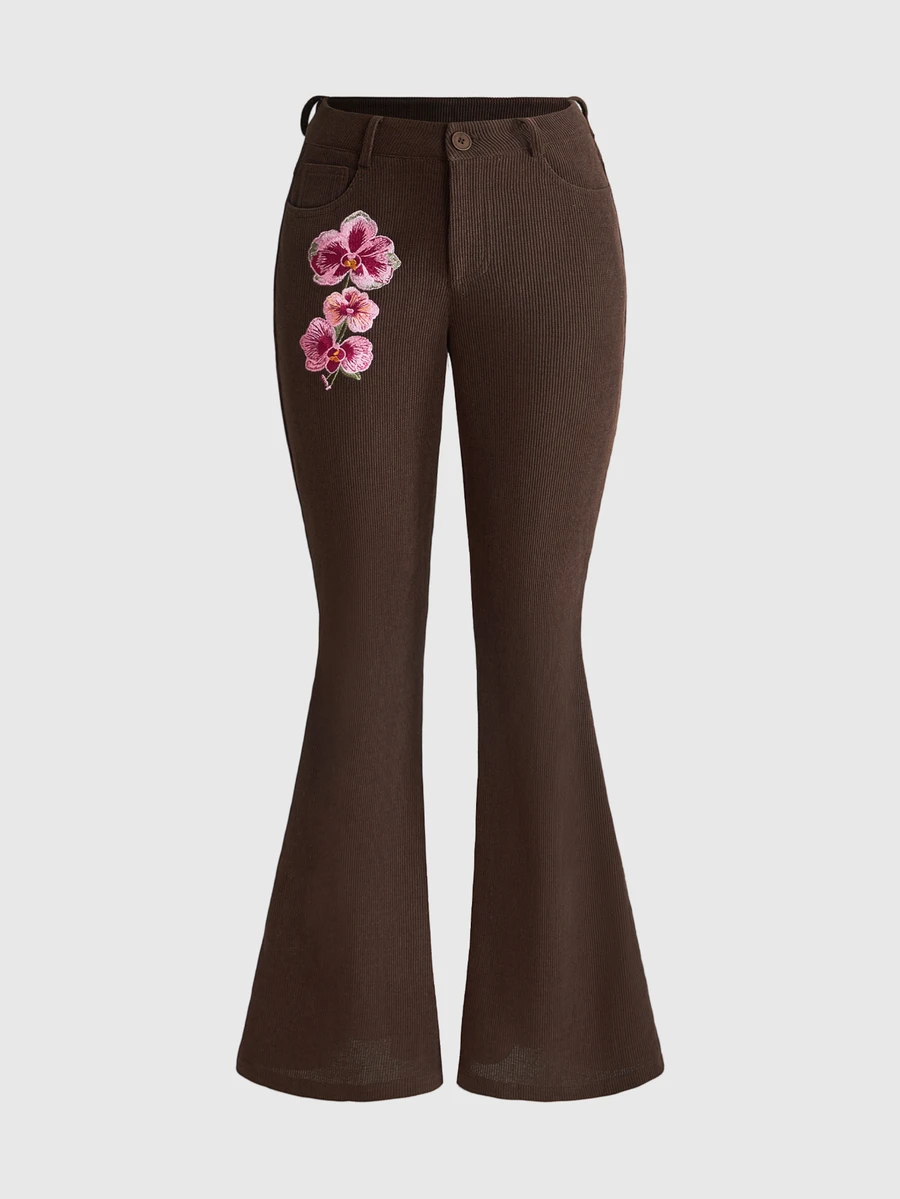 ROMWE Women's Autumn/Winter Mori Style Hippie Floral Embroidered Low Waist Corduroy Flare Pants - Coffee Brown - View 1