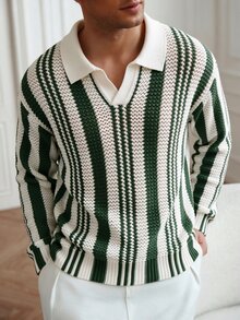 Manfinity Hypemode 男士條紋圖案長袖 Polo 領時尚休閒毛衣，度假秋季 Y2K 哥德風海灘綠色與白色 - 綠色 - 查看 3