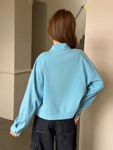 K-Vae Women's Light Blue Stand Collar Loose Casual Zip-Up Cardigan Jacket Top - Blue - View 2
