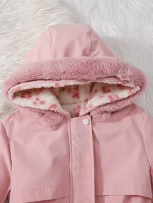 SHEIN 女童甜酷風秋冬加厚抓絨內裡 3D 時尚優雅精緻極簡酷感人造毛領毛絨外套 - 粉色 - 查看 3