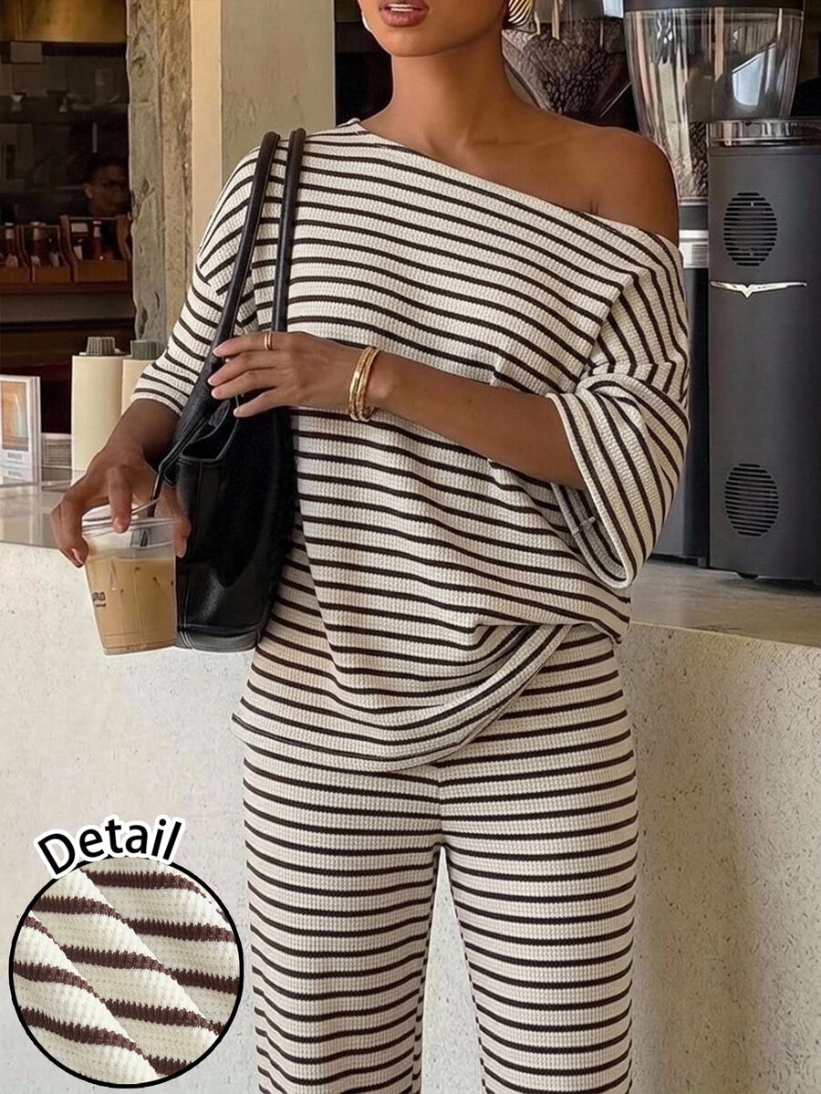 Siren Gaze Women's Striped Pattern One-Shoulder Top And Pants 2 Pieces Set - Multicolor - View 1