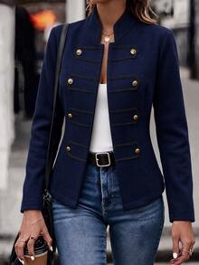 LUMIGAL Solid Button Detail Overcoat - Navy Blue - View 1