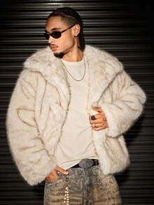 ROMWE MEN Apricot Color Oversized Lapel Long Fur Coat - Apricot - View 5