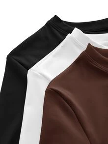 SHEIN Cheerettes 女款 3 件組長袖短版上衣 黑色 棕色 白色 圓領罩衫 修身彈性 分層穿搭 運動瑜伽皮拉提健身休閒 秋冬款 - 彩色 - 查看 5