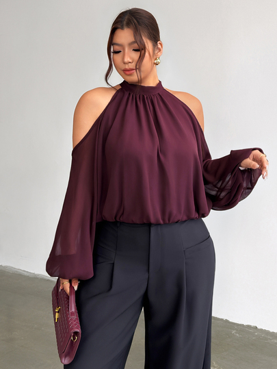 Firerie Women's Plus Size Halter Neck Cold Shoulder Purple Fashion Blouse