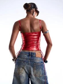 LYSMO Women's Sexy Satin Drawstring Tie Cropped Top - Red - View 2