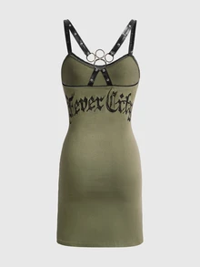 ROMWE MEN Women's Mini Dress Cat Paw Metal Gothic Font Dark Swamp Goth Hot Girl A-Line - Army Green - View 2