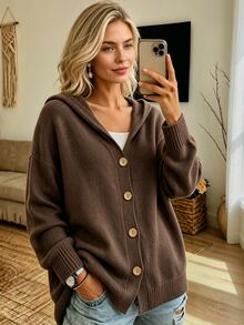 SHEIN Women's Spring, Summer, Autumn, And WinterHooded Long Sleeve Single-Breasted Solid Color Cardigan - Coffee Brown - View 7