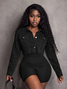 Women's Plus Size Long Sleeve Denim Jacket - Black - View 5