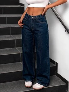 SHEIN PETITE Women's Wide Leg Loose Casual Versatile Denim Jeans With Pockets - Blue - View 4