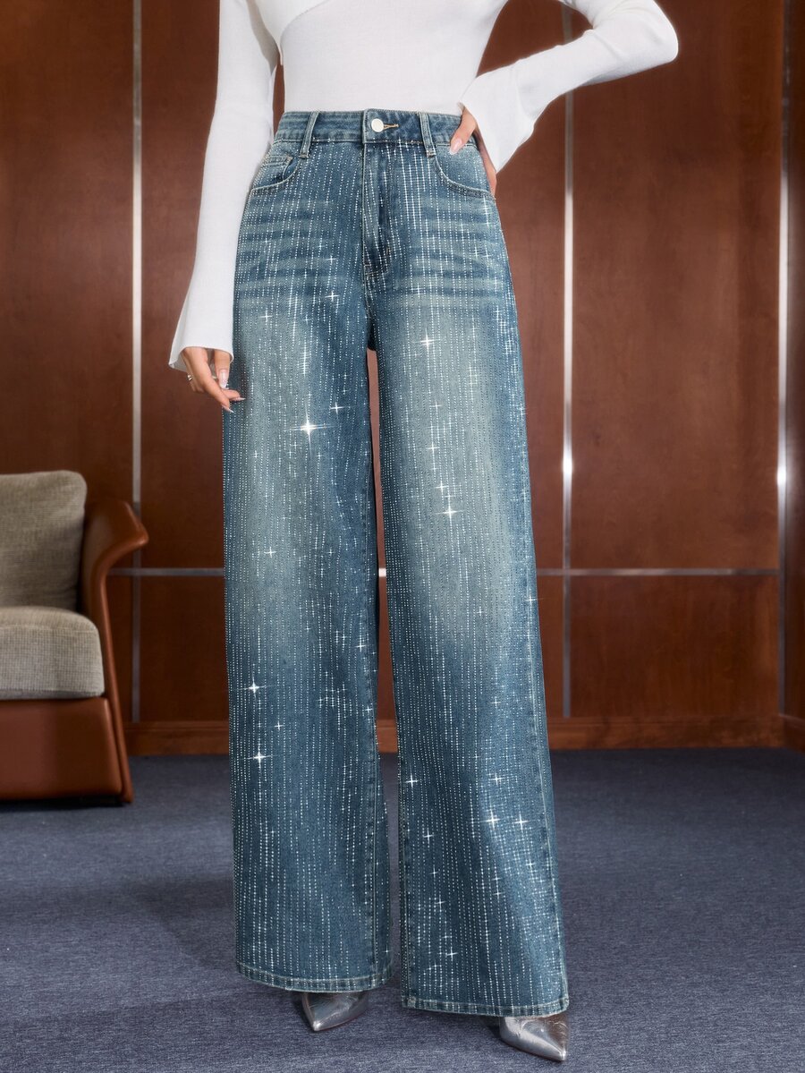 Anewsta Women's Wide Leg Loose Casual Denim Jeans With Pockets And Rhinestone Star Pattern - Blue - View 1