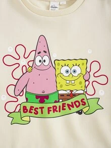 SpongeBob SquarePants | SHEIN Young Girl Crew Neck Long Sleeve Cartoon Print Sweatshirt And Solid Color Pants Set - Multicolor - View 4