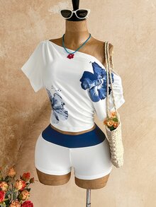 Soleia Women's Vacation Asymmetrical Shoulder Short Sleeve Fitted Colorful Top And Shorts Set - Multicolor - View 5