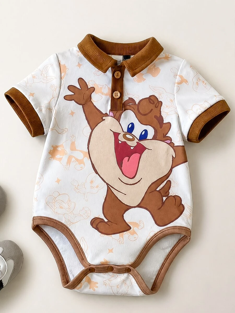 LOONEY TUNES X SHEIN Baby Boy Cute Casual Knit Colorblock Cartoon Pattern Collared Bodysuit - Beige - View 1