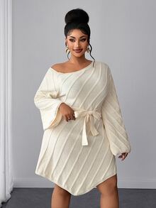 Maweii Plus Size Women's Knitted Dress, Straps, Off-Shoulder, Figure-Hugging And Sexy, Autumn/Winter - Apricot - View 6
