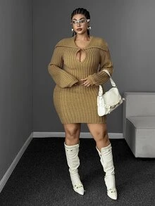 Maweii Woman Elegant, Fashionable, Sexy, Party,Khaki , A Fitted Mini Skirt,Winter,Halloween/Christmas, Long-Sleeved Plus-Size Women's Sweater Dress - Khaki - View 5