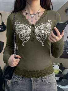 Strévra Women's Butterfly Print Contrast Lace V-Neck Button Placket Long Sleeve T-Shirt Graphic Tees - Green - View 3
