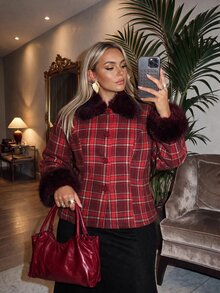 Auralis Christmas Plaid Wool Print Slim Fit Patchwork Fur Collar Jacket/Plus Size Long Sleeve Autumn/Winter Vintage Jacket - Red - View 1