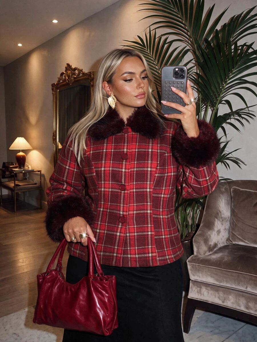 Auralis Christmas Plaid Wool Print Slim Fit Patchwork Fur Collar Jacket/Plus Size Long Sleeve Autumn/Winter Vintage Jacket - Red - View 1