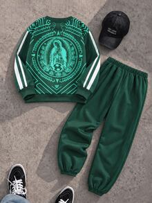 SHEIN Coolqubz 男童秋冬足球風運動休閒套裝，MEXICO 10號印花圓領上衣 + 慢跑長褲，2件式運動休閒穿搭 - 綠色 - 查看 3