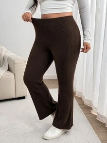 Enliva Plus Size Winter Soft Knit Slim Flare Pants Apple - Rust Brown - View 4