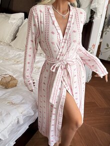 CottageSlumber Soft Pink Floral & Vertical Stripe V-Neck Tie Waist Long Loose Lazy Bathrobe - Pink - View 4