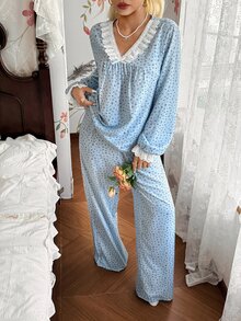 CottageSlumber Romantic Women's Woven Printed V-Neck Lace Bow Long Sleeve Top And Pants Pajama Set - Blue - View 7