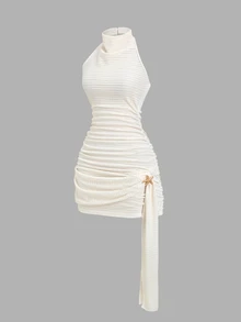 Sweetra Women's Halter Neck Jacquard Knit Metal Buckle Bodycon Mini Dress - Apricot - View 7