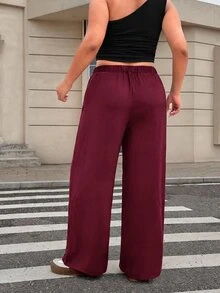 SHEIN EZwear 酒紅色大尺碼女款寬鬆百褶寬腿黑色裙褲，適合畢業季、返校節及秋冬教師穿搭 - 酒紅色 - 查看 2