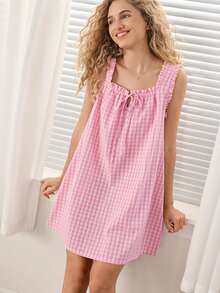 Ocili Women's Soft Comfortable Yarn-Dyed Plaid Ruched Tie-Strap Tank Dress Nightgown Loungewear - Pink - View 6