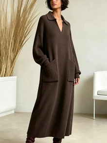 SHEIN فستان كنزة نسائي عتيق بأكمام طويلة وجيوب - بني - مشاهدة 6