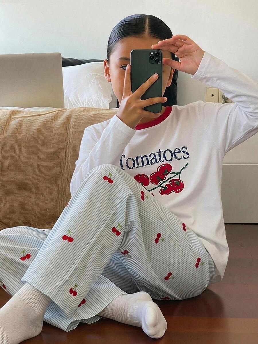 Dazy Kids 對比色圓領圖案印花休閒女童家居服套裝 秋季 - 白色 - 查看 1