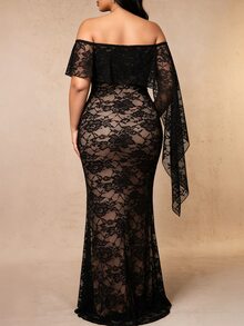 Cravure Plus Size Cold Shoulder Ruffle Floral Lace Mermaid Long Dress, Transparent Cape Sleeve Slim Fit Elegant Evening Party Gown - Black - View 2