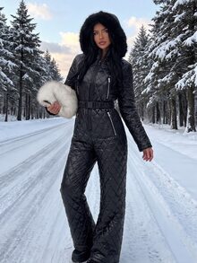 SHEIN EZwear Plus Size Women Solid Color Long Sleeve Zipper Front Hooded Casual Jumpsuit - Black - View 6