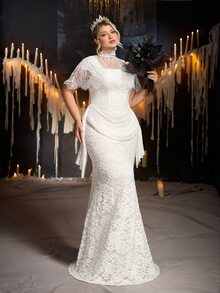 Aureia Plus Size Elegant Romantic Palace Style Beige Elastic Lace 2 Pieces Set Square Neck Slimming Ruched Design Mermaid Long Dress With Detachable Eyelash Lace Shawl, Suitable For Vacation, Ball, Evening Party, Wedding Event, Bridal Gown - White - View 7