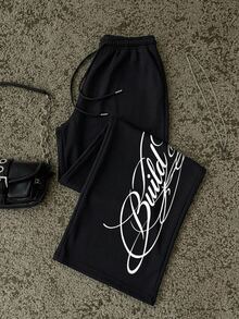 Attitoon Letter Graphic Drawstring Waist Sweatpants - Black - View 4