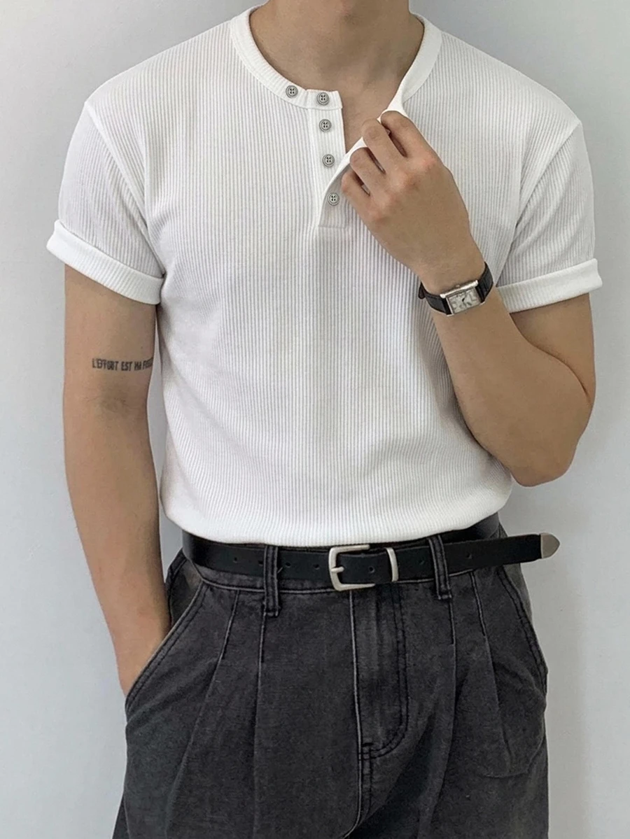 DAZY Men's Short Sleeve Black Round Neck Half-Button T-Shirt - White - View 1