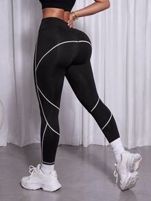 SHEIN Core Rhythm Women's High Waist Colorblock Sports Leggings - Black and White - View 5