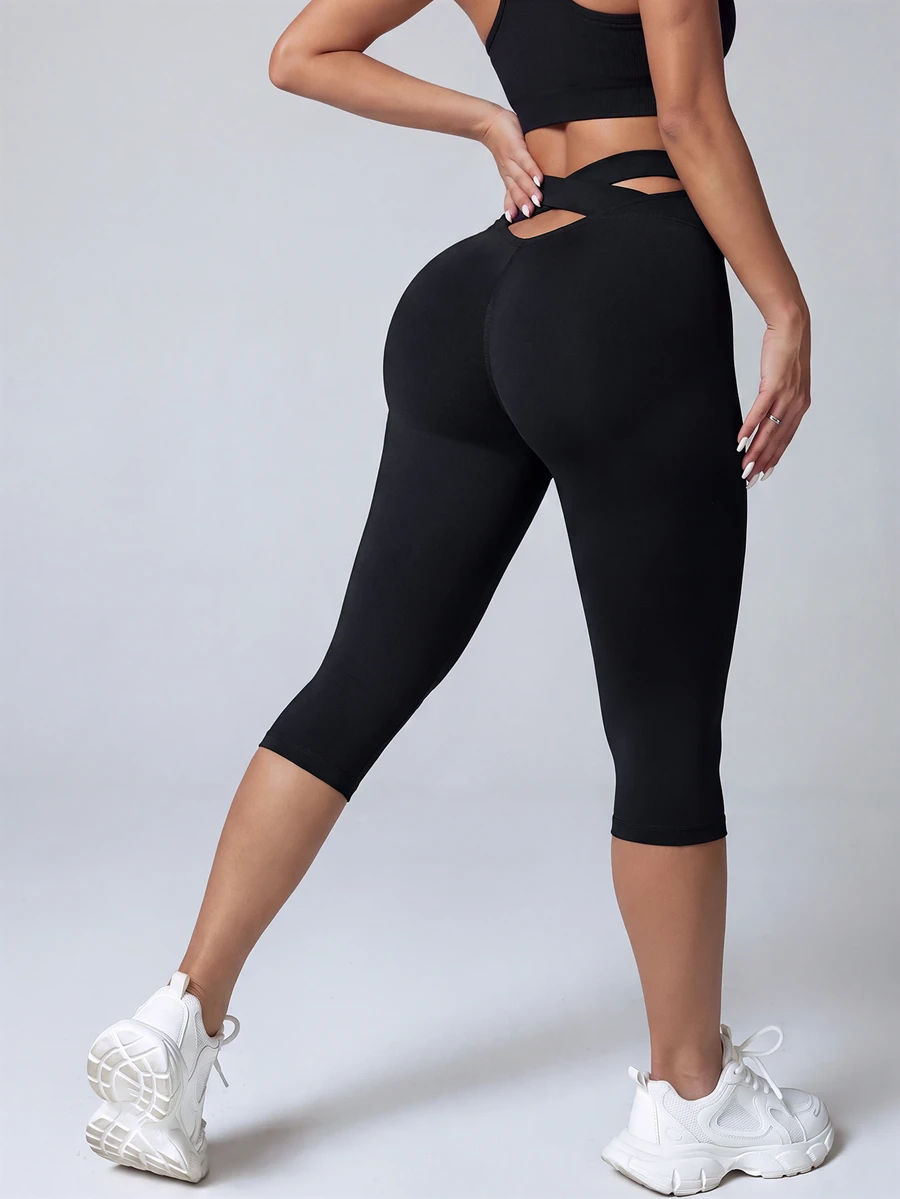 Velisys Velisys Women's Casual High Waist Criss-Cross Fitted Sports Shorts - Black - View 1