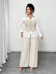 SHEIN Elenzya Plus Size Women's Single-Breasted Long Sleeve Patchwork Waist-Cinching Blouse And Solid Color Pants 2 Pieces Set - White - View 6