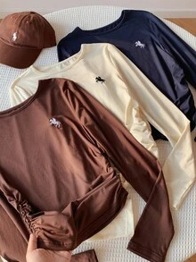Comfortcana 3件組女款騎士刺繡圓領長袖休閒T恤 - 彩色 - 查看 3