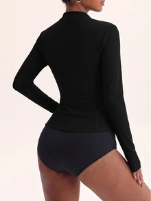 Sovereign Charm Women's Solid Color Stand Collar Zipper Waist-Cinching Slimming Daily Versatile Sports Jacket - Black - View 2